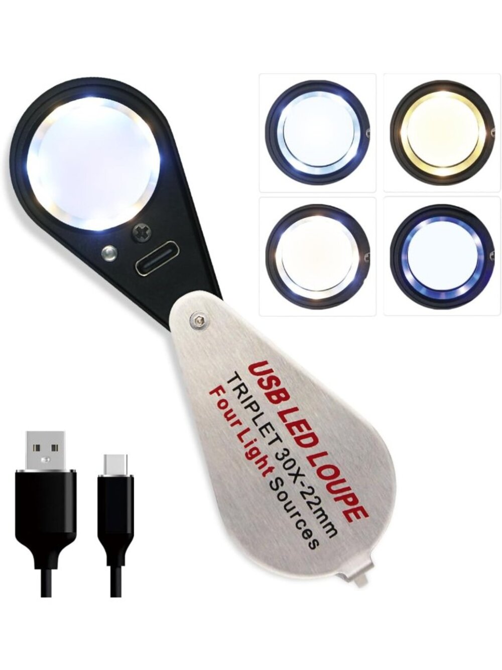 30X LED Jewelers Loupe Magnifier with UV Light, USB Rechargeable, Foldable Eye